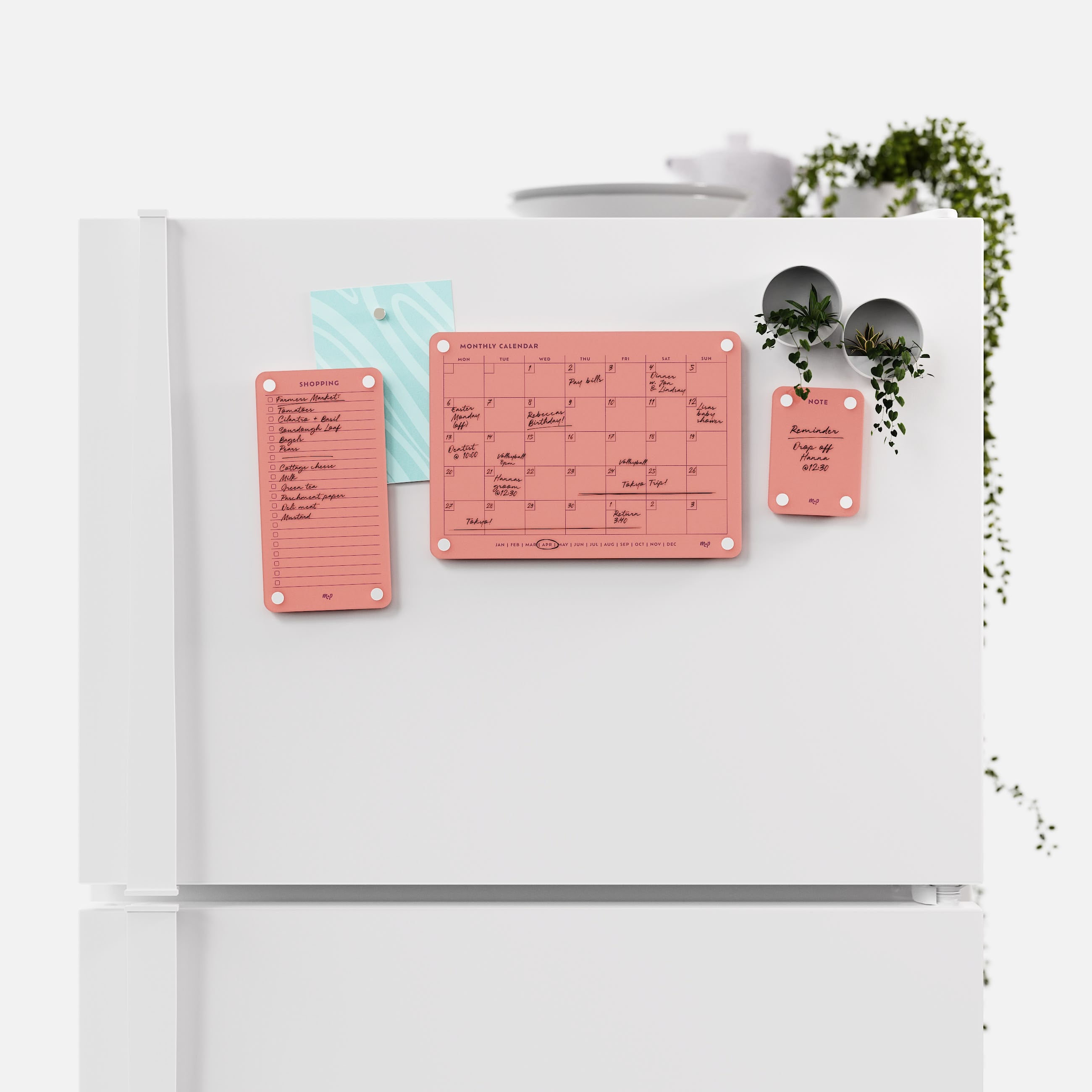 Coral shopping list, monthly calendar and note board arranged across a white fridge door